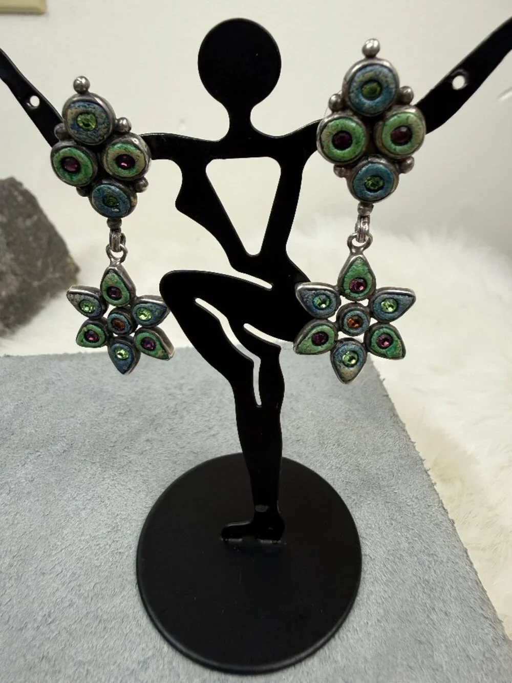 Sterling Silver & Colorful Rhinestone Enamel Drop & Dangle Pierced Earrings